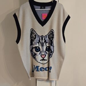 Dressed In LaLa Cat Sweater Vest - Cream and Black